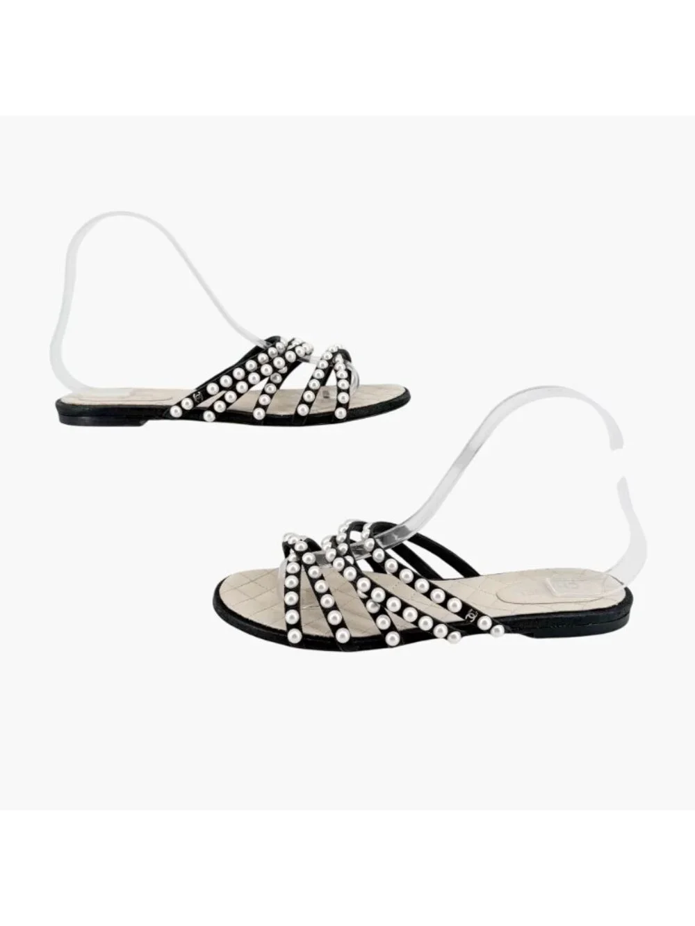Chanel CC Pearl Strappy Slide Sandals Black White Flat Size 38.5 US 7.5-8 Women